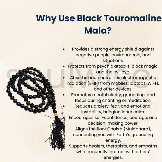 Soulwise Black Tourmaline 8mm Jaap Mala – Natural Protective Crystal Prayer Beads for Energy Healing, Meditation & Spiritual Balance