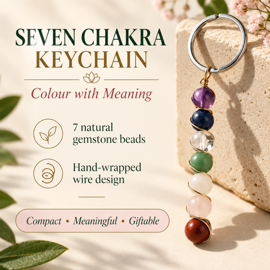Seven Chakra Bead Keychain, with Random Golden or Silver Colour, Natural Gemstone Healing Keyring, for Positivity, Protection, and Good Energy