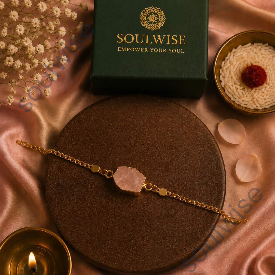 Rough Rose Quartz Rakhi Cum Bracelet – Natural Crystal Rakhi Bracelet for Love, Harmony, Emotional Healing & Positive Energy