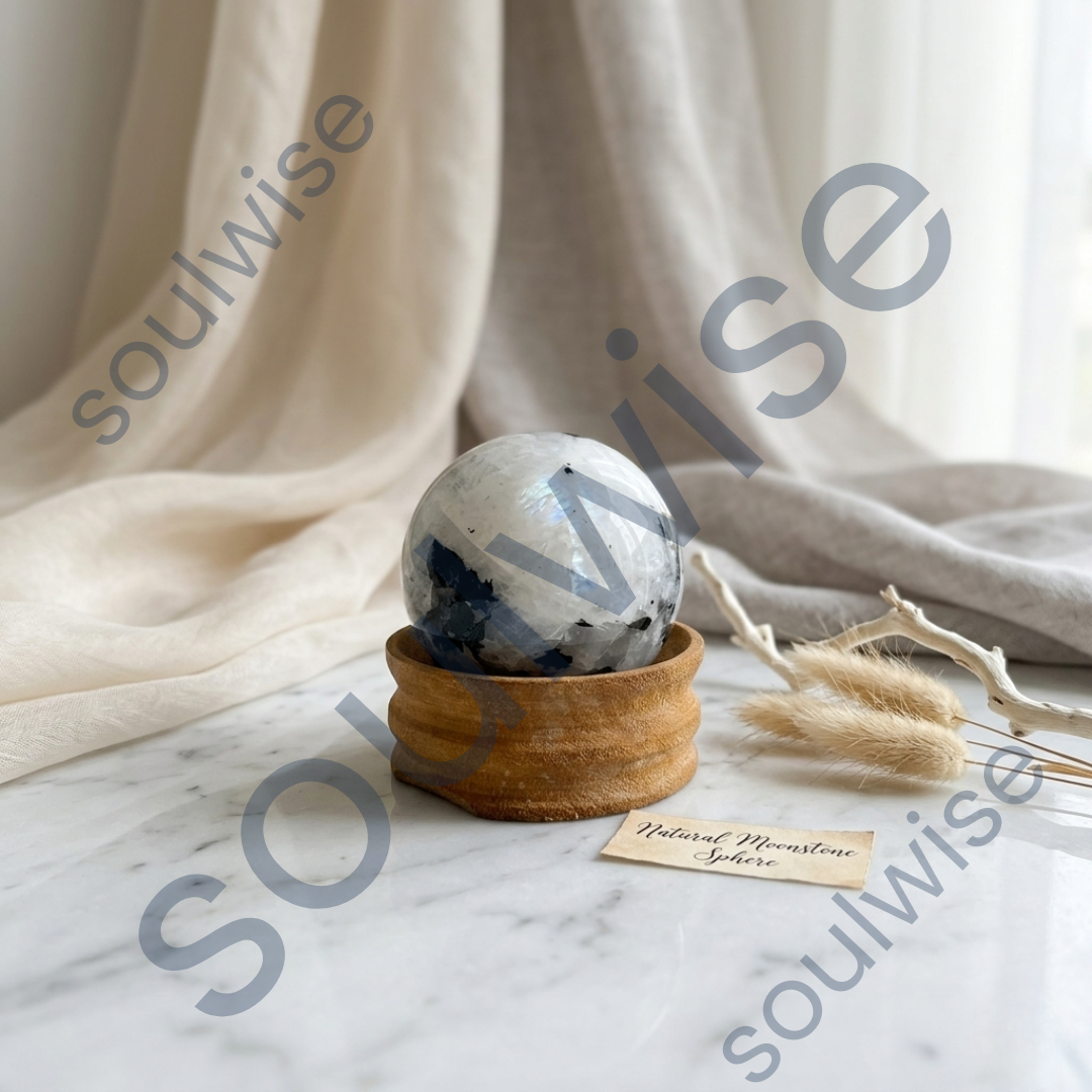 Moonstone Crystal Sphere (50–55mm) with Wooden Stand – Natural Healing Stone for Meditation, Emotional Balance & Spiritual Energy
