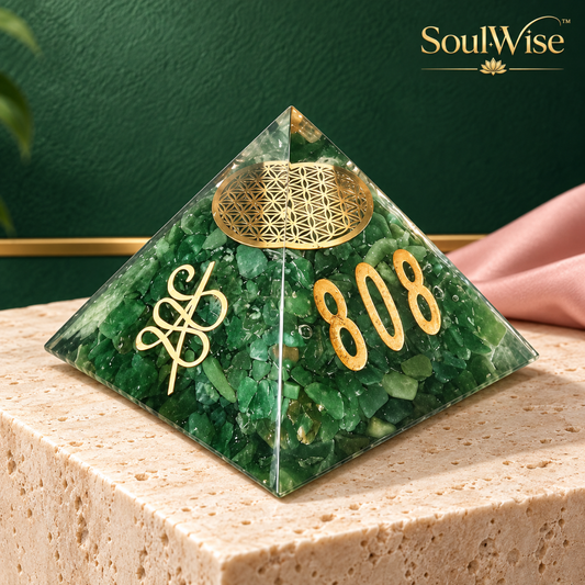 Green Aventurine Orgonite Pyramid with Flower of Life & Zibu Symbol,Crystal Showpiece for Home Décor, Office Desk, Meditation & Spiritual Gifting