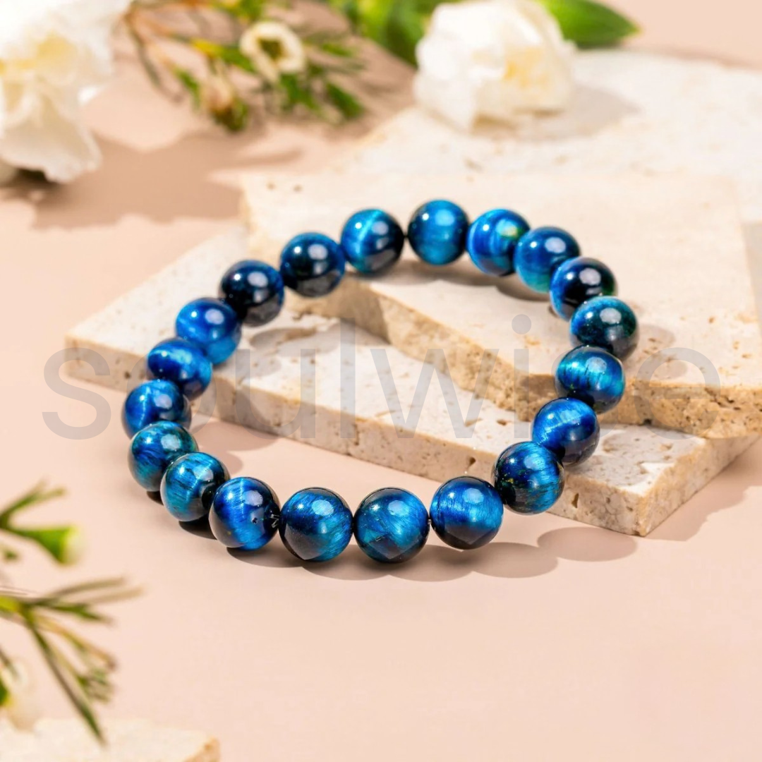 Blue Tiger Eye Bracelet 10mm – Natural Stretchable Crystal Beads for Protection, Focus & Positive Energy | Hawk’s Eye Stone