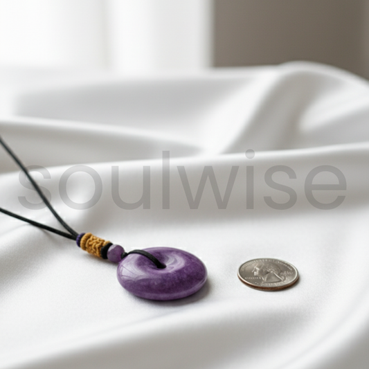 Sugilite Donut Pendant with Black Cord – Natural Handcrafted Crystal Necklace for Protection, Spiritual Growth & Positive Energy