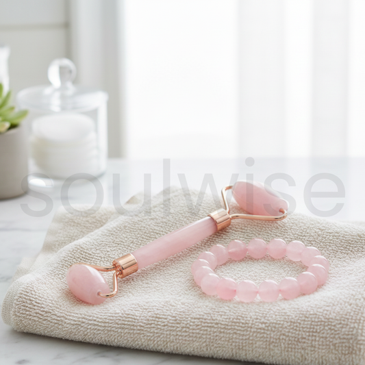 Soulwise Crystal Facial Massage Tools – Rose Quartz Bracelet & Rose Quartz Face Roller for Her | Ideal Gift for Birthday, Anniversary, Valentine's Day | Relaxation & Skincare Combo for Sister