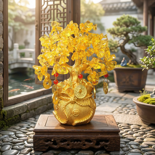 Bonsai Citrine Tree Money Tree Feng Shui,Gold Crystal Ornaments with 6 Hanging Coin Charms for Health, Wealth and Happiness((7 x 3 inch)