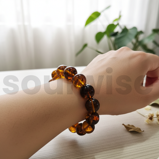 Natural Amber Healing Bracelet – 20mm Round Beads for Men & Women | Raw Baltic Amber | Pain Relief, Energy, and Grounding | Crystal Jewelry for Spiritual Wellness