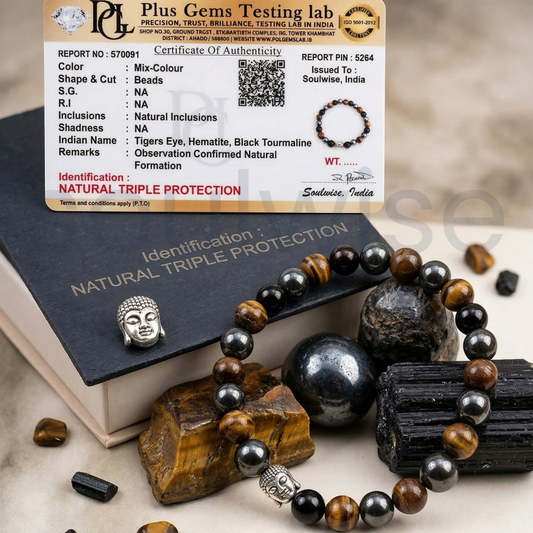 Triple Protection Bracelet with Buddha Charm – Tiger Eye, Obsidian & Hematite for Protection and Good Luck