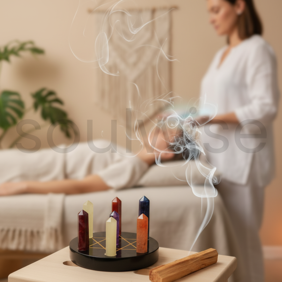 7 Chakra Sacred Geometry Crystal Set, Natural Healing Stones with Pentagram Base