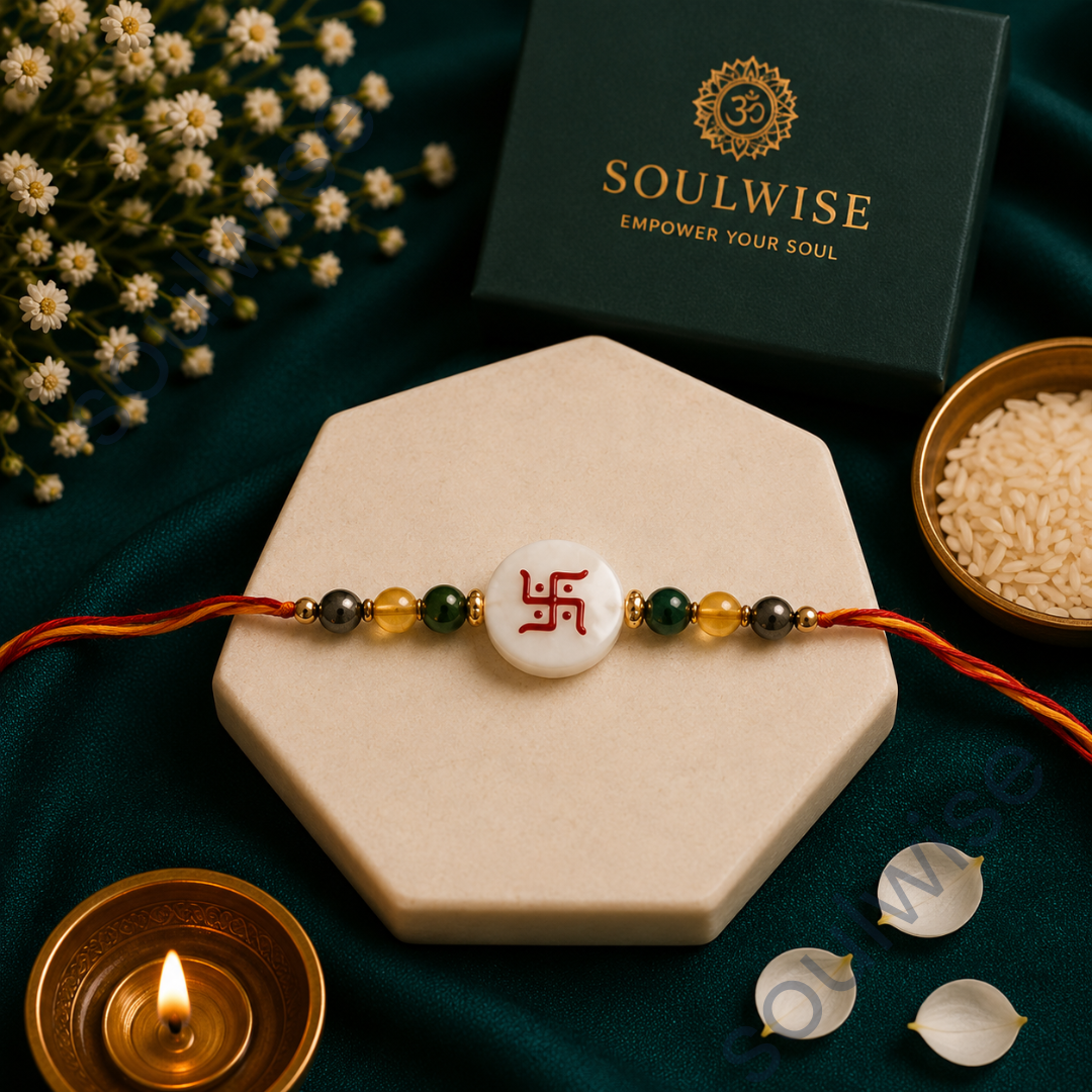 Money Magnet Swastik Rakhi – Green Jade, Citrine, Pyrite & Mother of Pearl Rakhi for Prosperity, Protection & Positive Energy