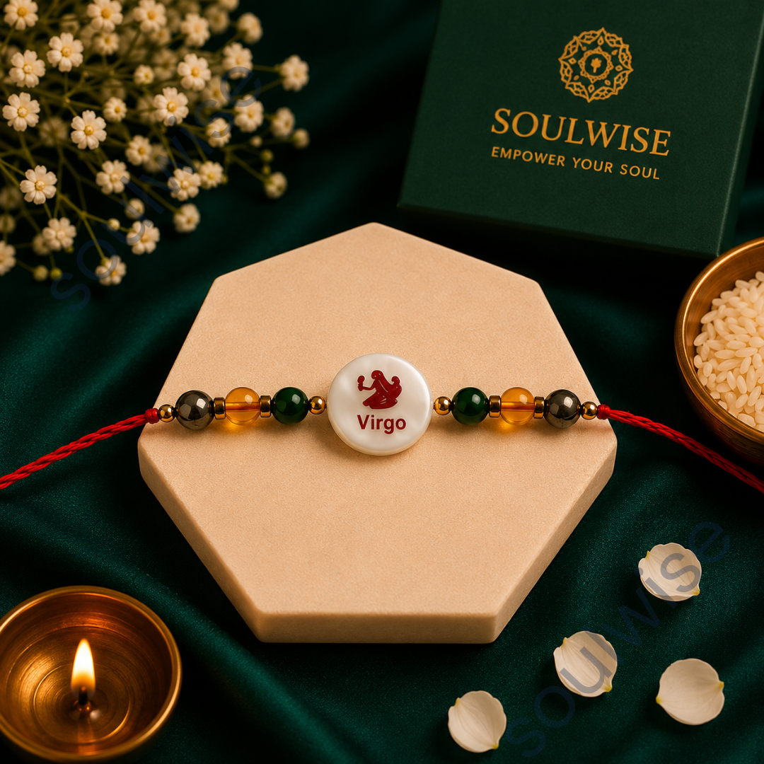 Money Magnet Virgo Rakhi – Green Jade, Citrine, Pyrite & Mother of Pearl Zodiac Rakhi for Prosperity, Clarity & Positive Energy