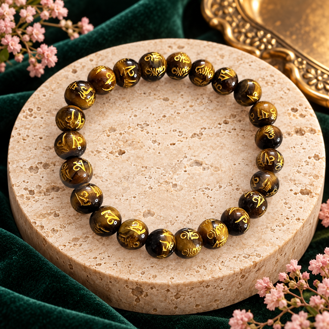 Tiger Eye Om Mani Bracelet 8mm – Natural Tiger's Eye Crystal Beaded Bracelet with Om Mani Padme Hum Mantra for Protection, Confidence, Courage, Prosperity, Meditation & Positive Energy | Unisex Spiritual Jewelry