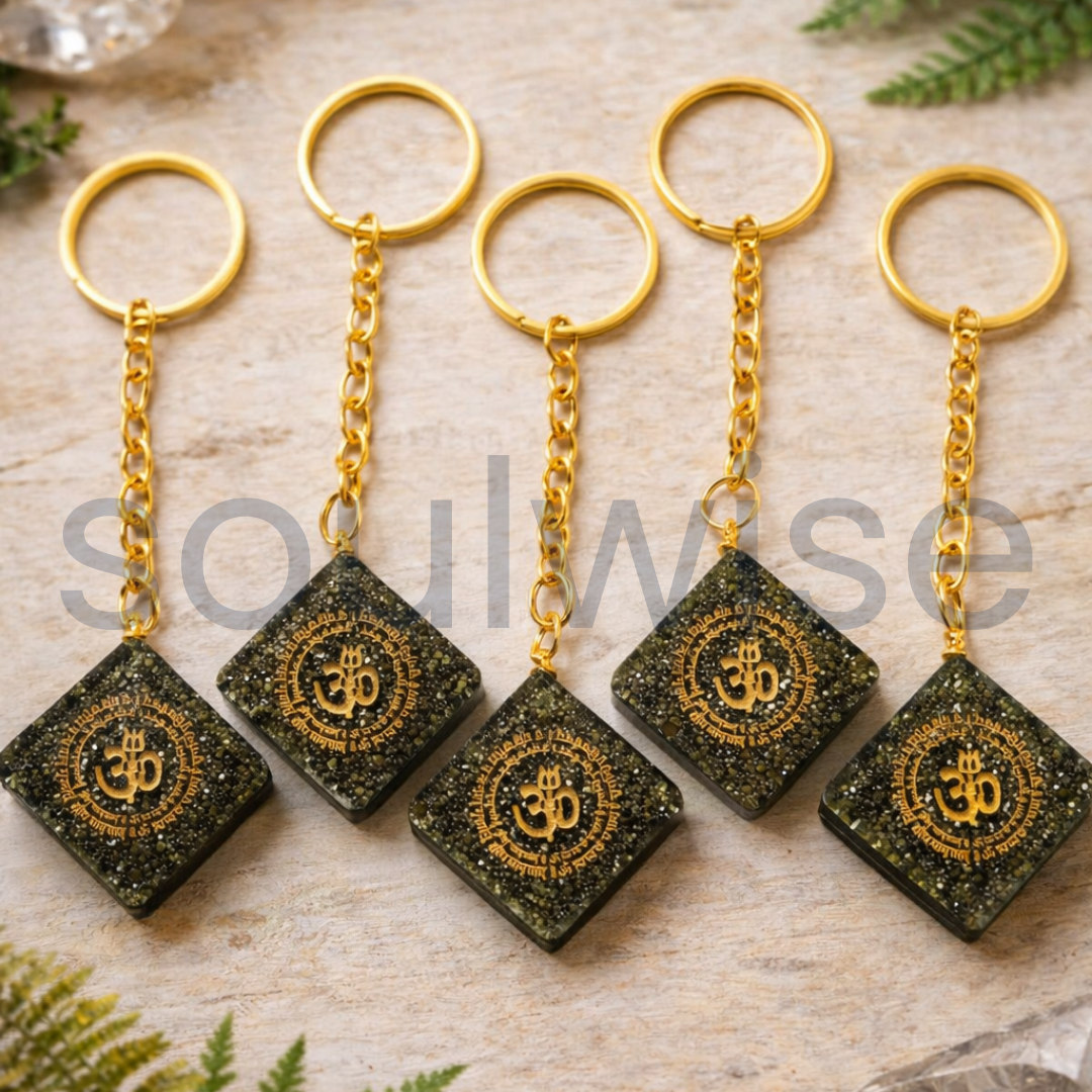 Natural Pyrite Om Keychain Certified Square Pyrite Crystal Key Ring