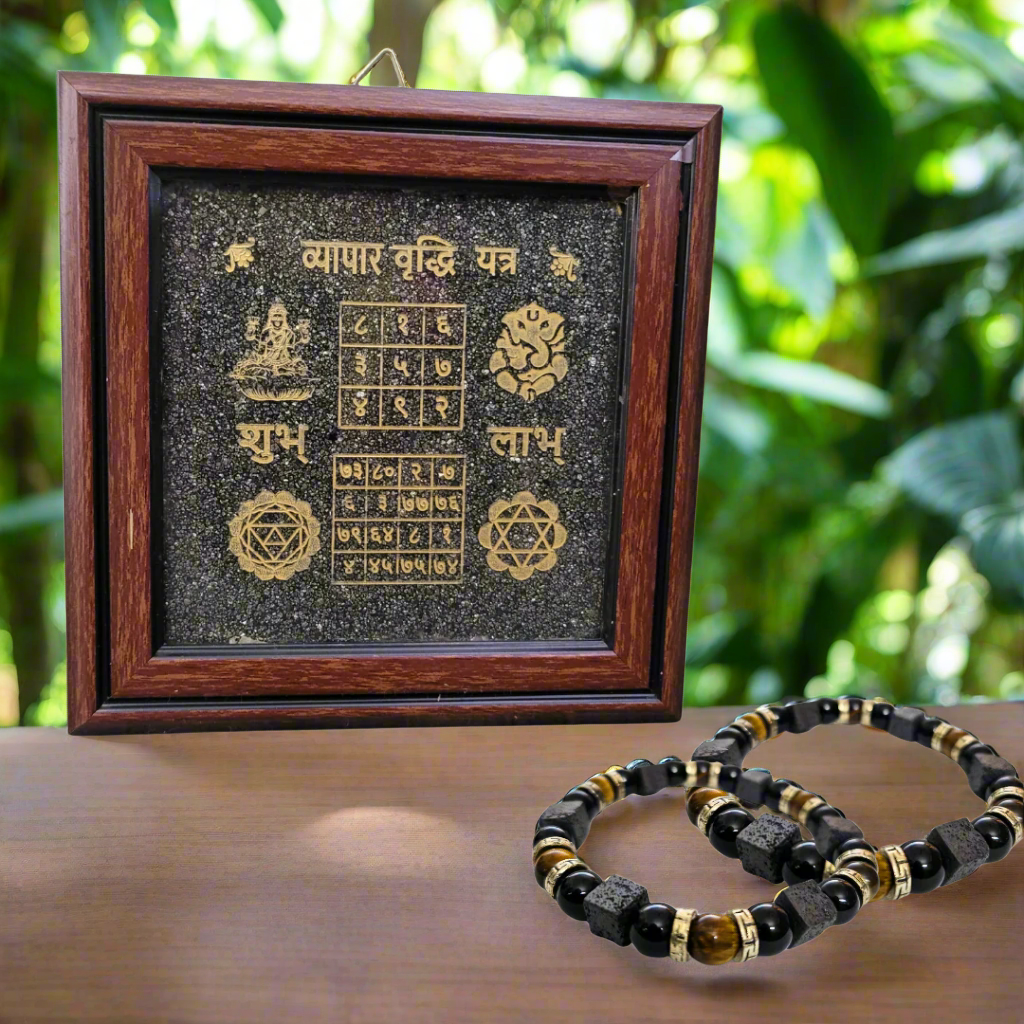 Raksha Bandhan Gift for Brother – Vyapar Vriddhi Yantra (Pyrite) & Energy Shield Bracelet (Tiger's Eye, Lava, Tourmaline) for protection and success