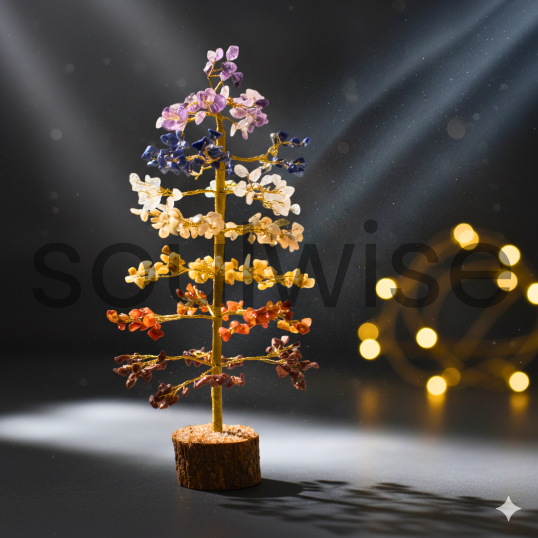 Seven Chakra Money Tree Bonsai – 15” Multicolor Healing Gemstone Tree with Golden Wire