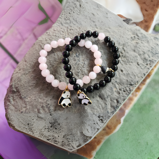 Couple Bracelet Set - Rose Quartz & Obsidian Beads, Bear Charm, & Magnetic Connection