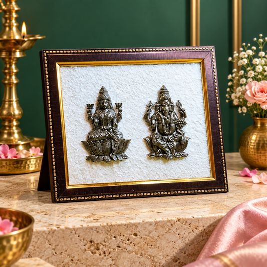 Maa Laxmi & Lord Ganesh Pyrite Frame on Selenite | Spiritual Crystal Décor for Home, Office & Pooja Space