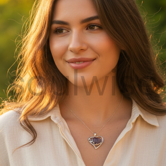 Heart-Shaped Amethyst Crystal Pendant – Natural Healing Stone Necklace for Love, Calm & Emotional Balance | Women’s Spiritual Jewelry