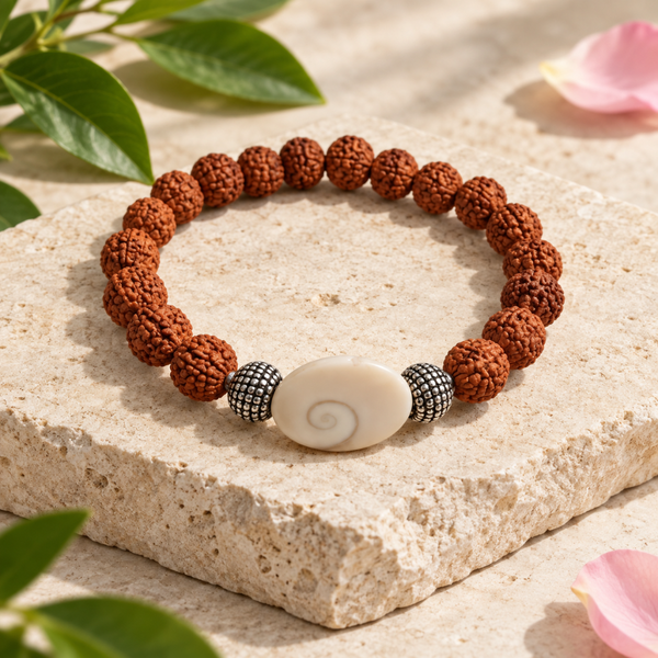 Rudraksha Bracelet with Gomti Chakra Charm – Natural Spiritual Bracelet for Protection, Prosperity & Positive Energy
