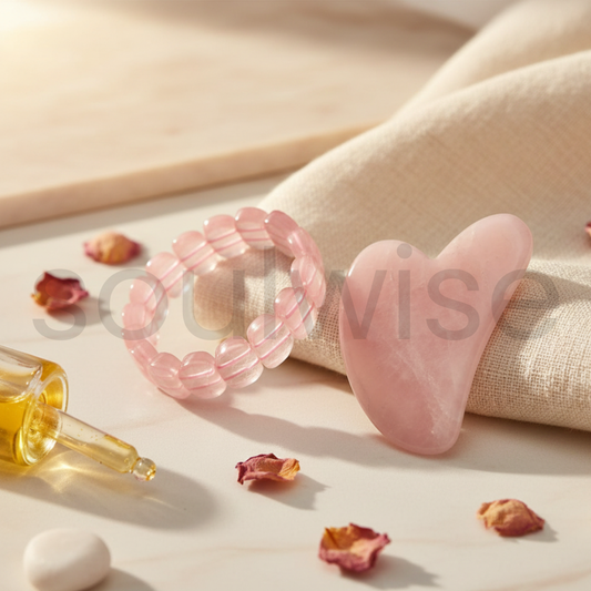 Rose Quartz Fashion Bracelet & Gua Sha Tool Combo | Valentine’s Day Gift for Love, Beauty & Self-Care | Crystal Healing Set for Her