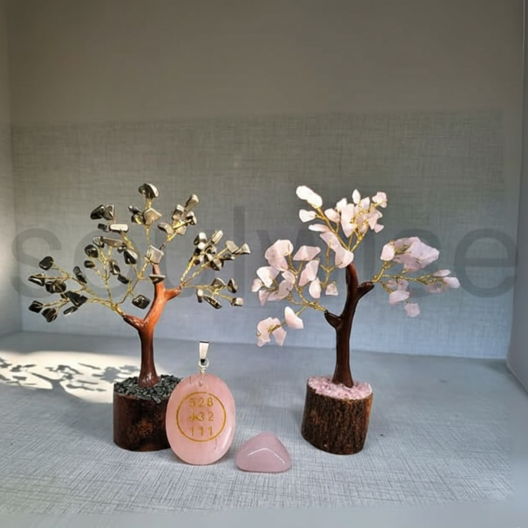 Rose Quartz and Pyrite Crystal Tree Pair with Rose Quartz Angelic Symbol Pendant, Valentine's Day Gift for Love, Positivity and Healing Energy