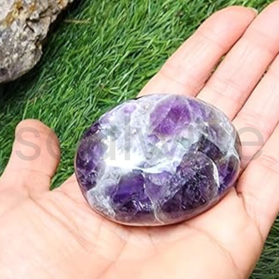 Soulwise Chevron Amethyst Healing Crystal Palm Stone – Natural Tumbled Stone for Meditation, Reiki, Anxiety Relief & Chakra Balancing