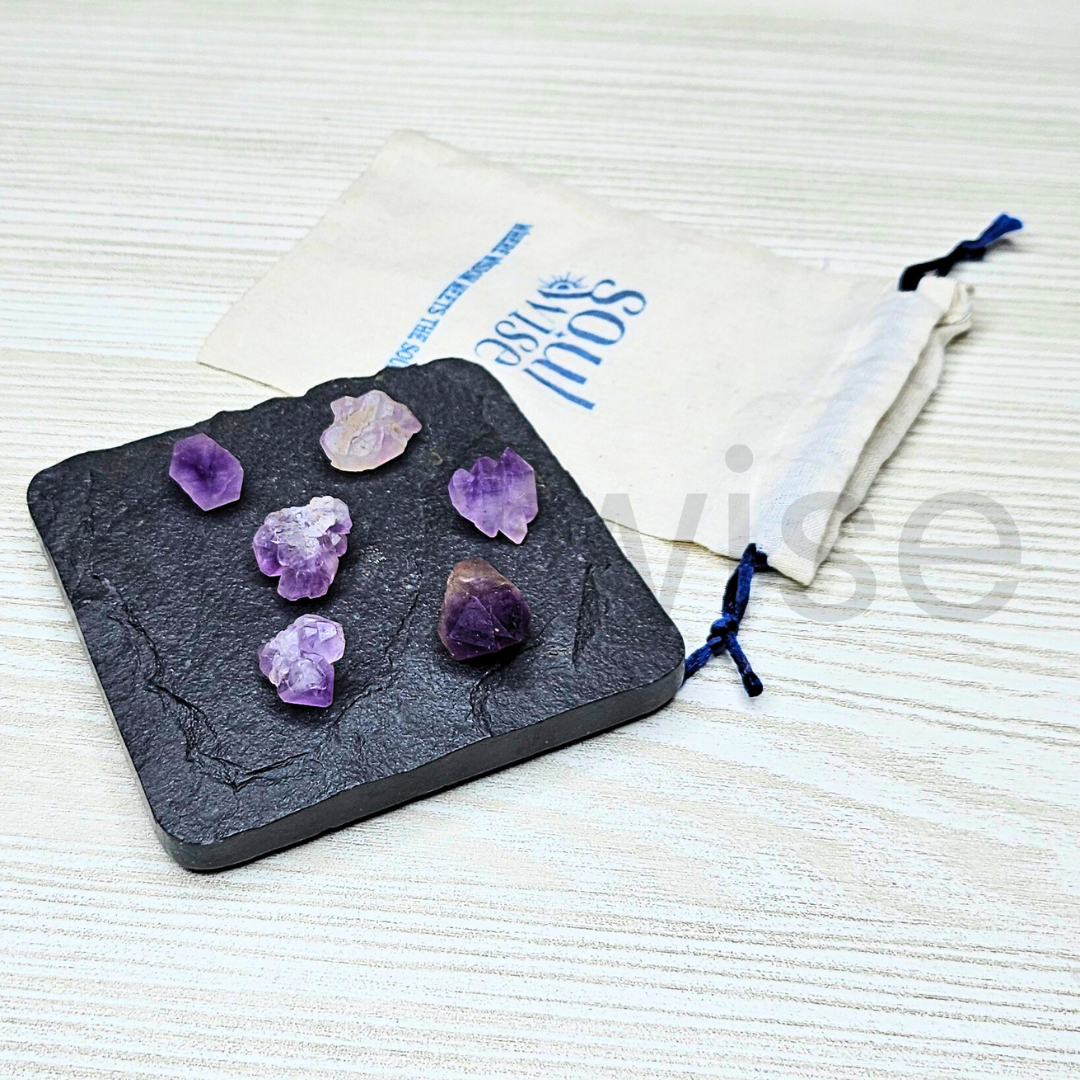 Amethyst Crystal Set of 6 – Includes Rough Points, Clusters & Natural Tumbled Stones