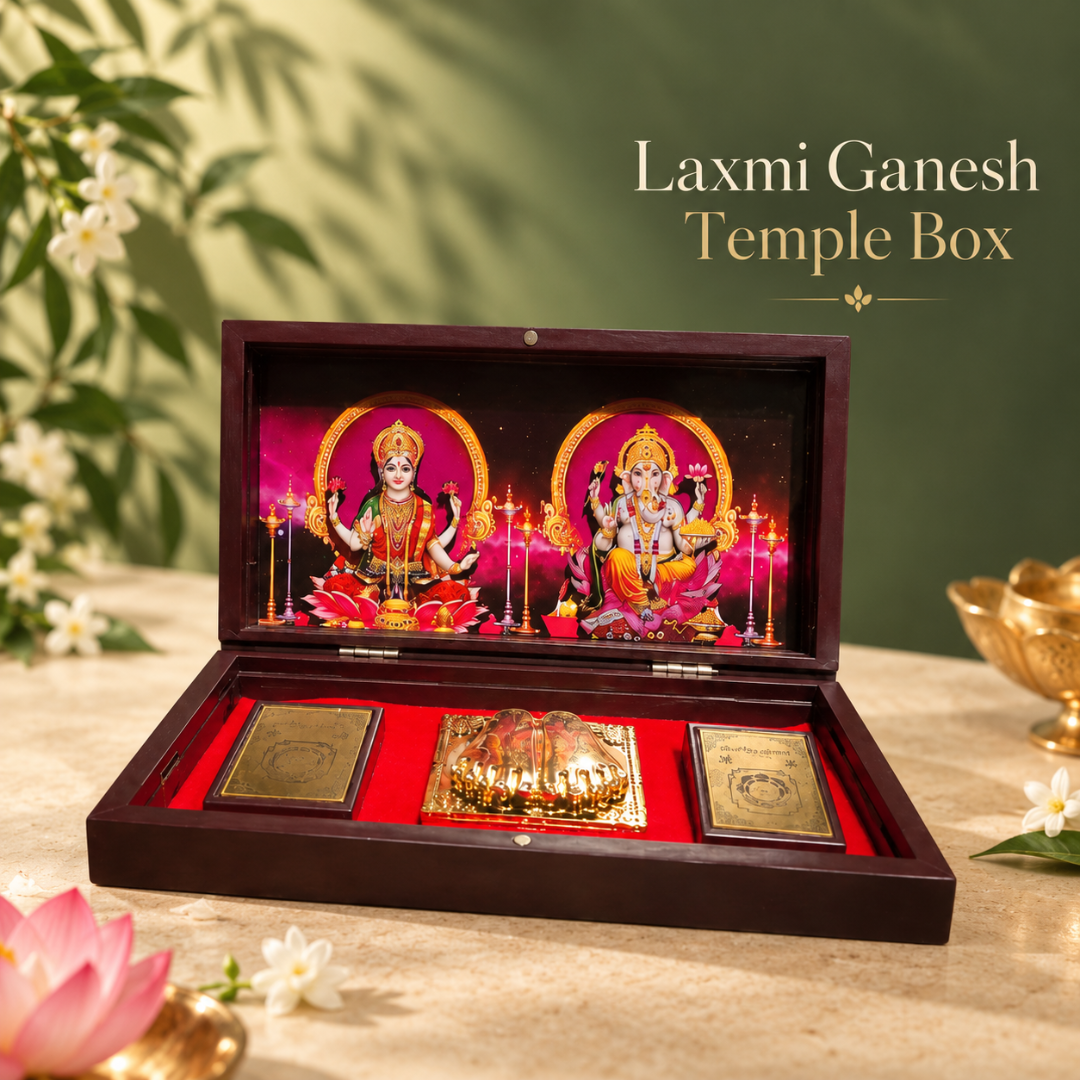 Diwali Spiritual Gift |Laxmi Ganesha Pocket Temple with Laxmi Yantra, Ganesh antra, & Charan, Gold Plated, 1 Piece 8"x5", Diwali Gift & Home Decor
