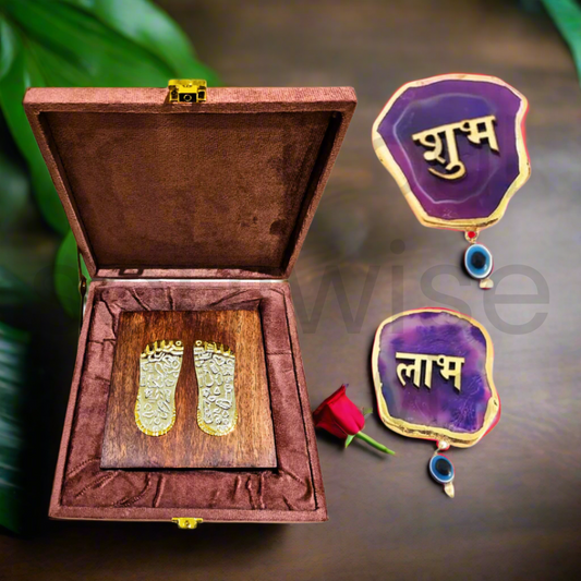 Laxmi Charan Paduka with Natural Agate Shubh Labh Sticker | Gold-Plated Divine Footprints & Gemstone Door Decor Combo for Diwali Puja, Home Entrance, Vastu & Return Gifting