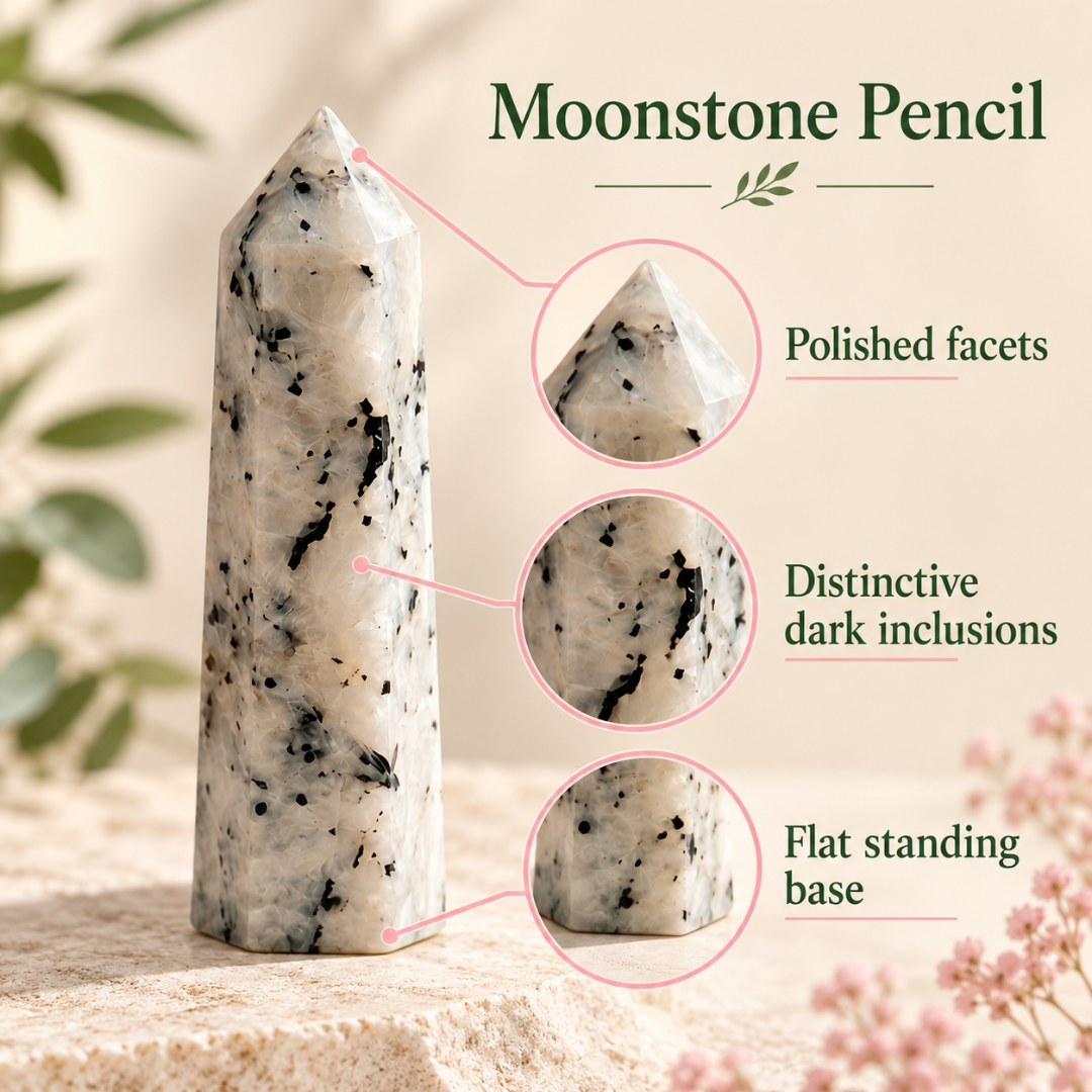 Natural Moonstone Crystal Pencil – Healing Gemstone Point for Intuition, Emotional Balance, Inner Peace, Reiki, Meditation, Chakra Balancing & Spiritual Home Décor