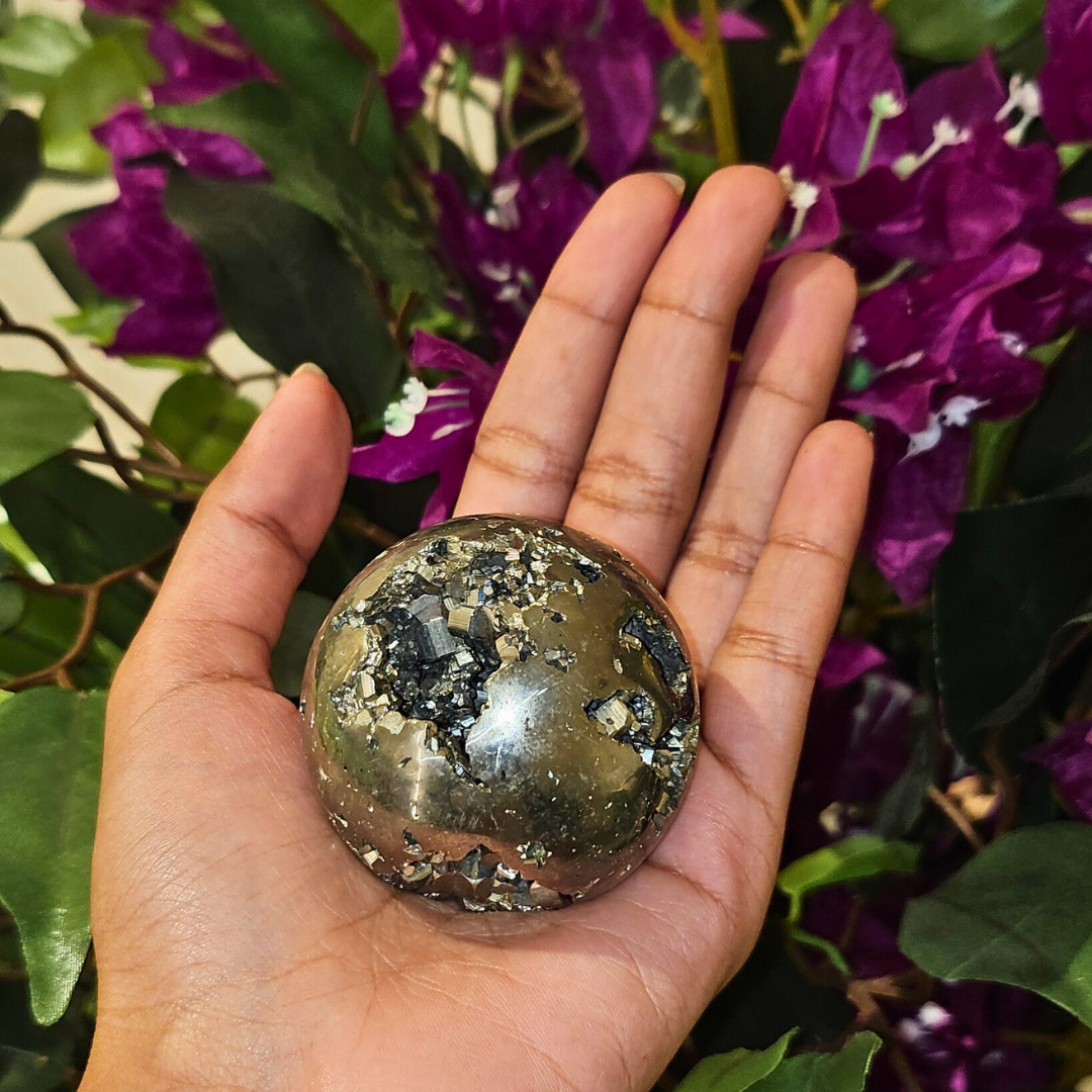 Soulwise Natural Peru Pyrite Crystal Sphere – Imported Golden Energy Stone for Motivation, Focus & Home Decor.