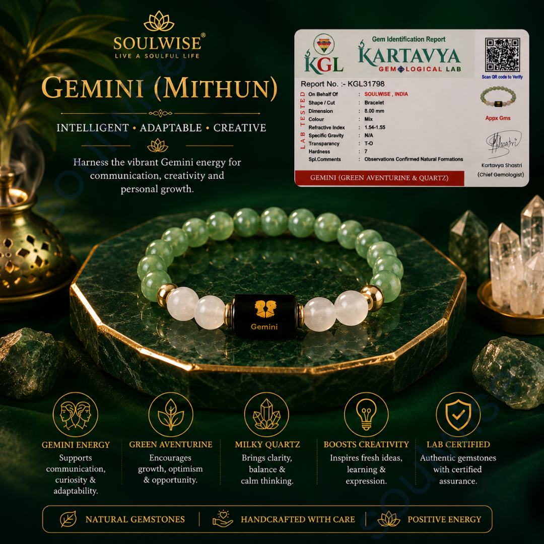 Gemini (Mithun Rashi) Zodiac Bracelet – Natural Green Aventurine & Clear Quartz Crystal Bracelet for Growth, Clarity & Positive Energy