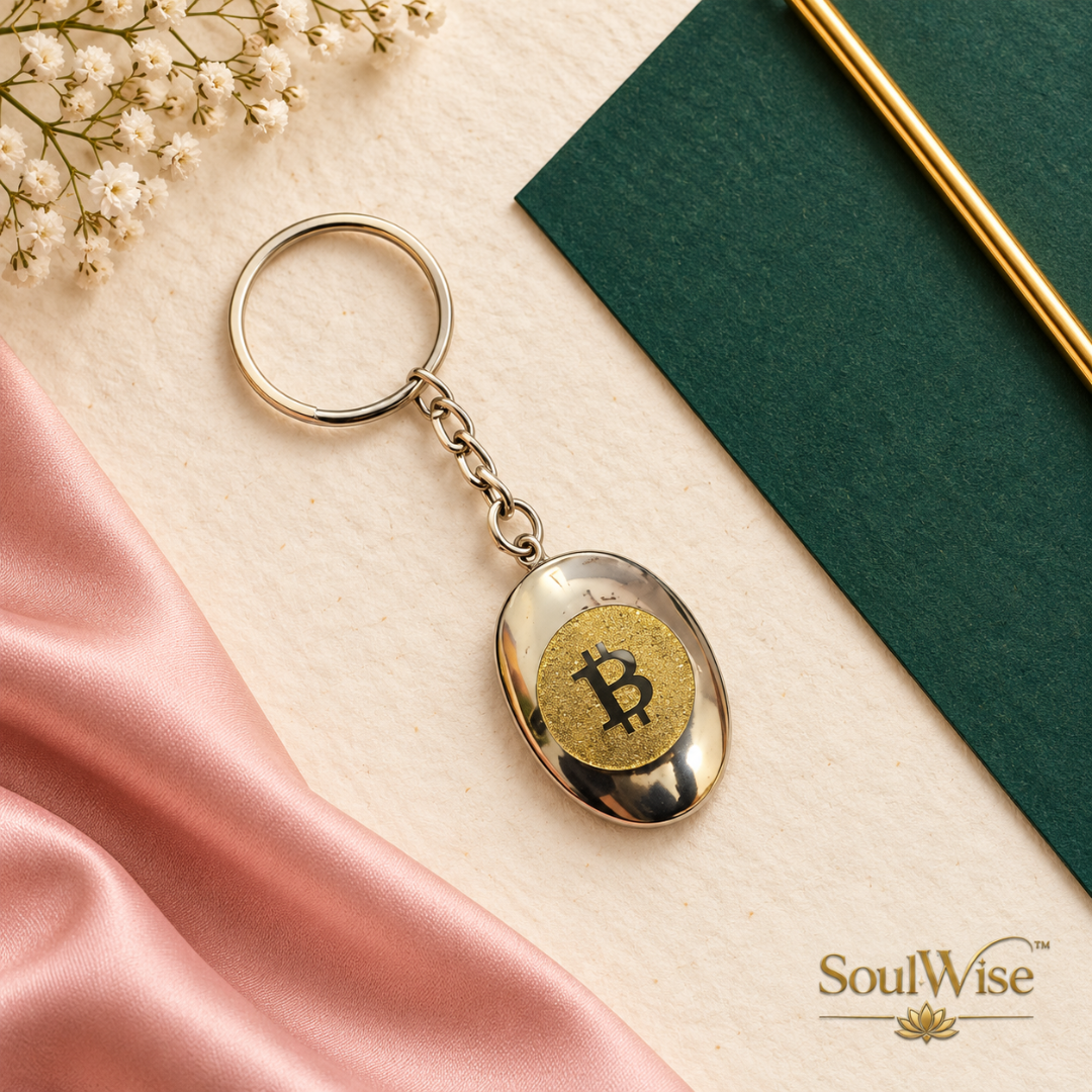 Natural Pyrite Bitcoin Keychain – Bitcoin Symbol Crystal Keyring for Keys, Bag Accessories & Crypto Enthusiast Gifting