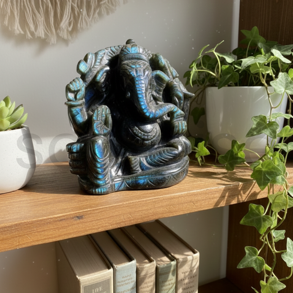 Labradorite Ganesha, Hand-Carved Crystal Idol, 1.640g, Spiritual Decor, Meditation.