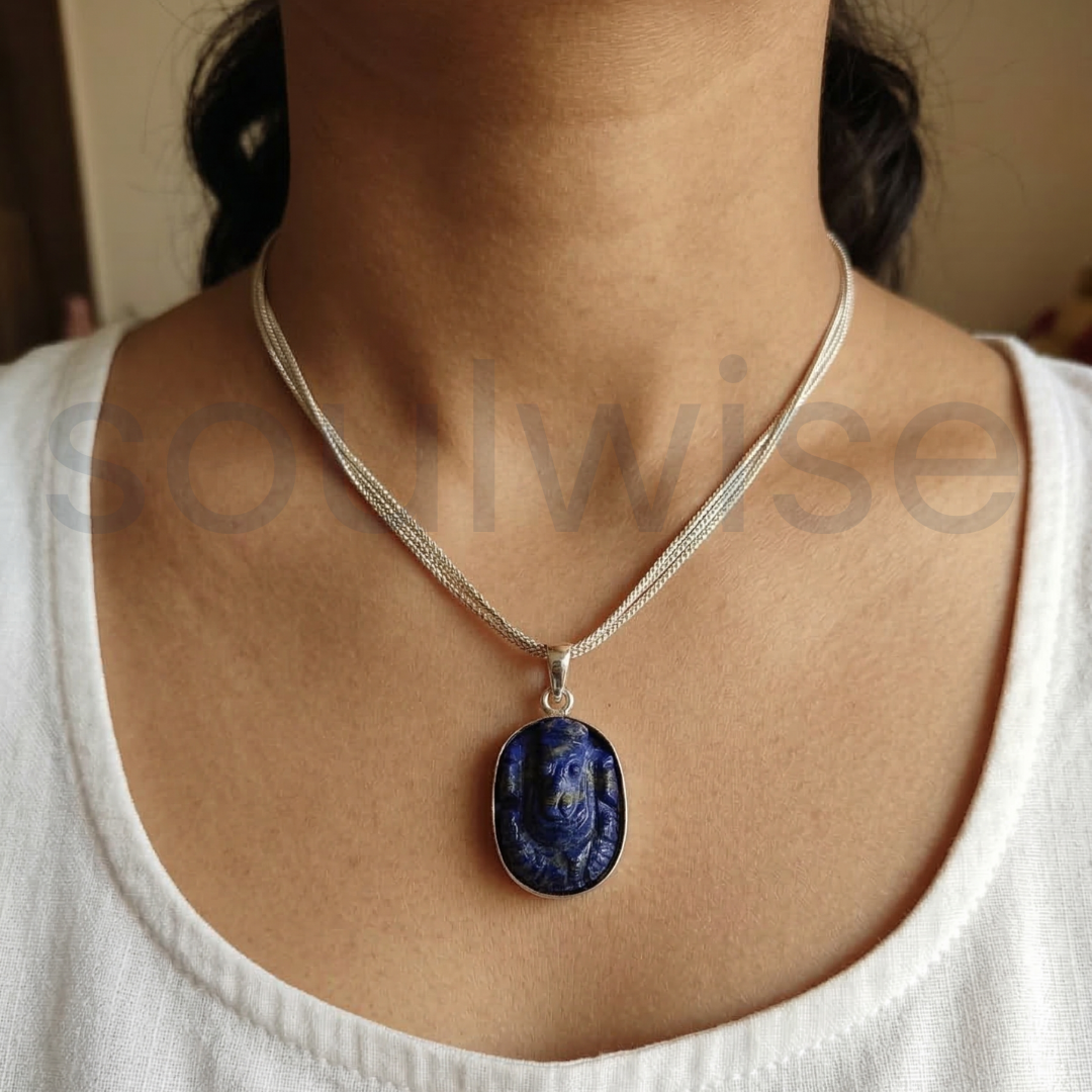 Certified Natural Lapis Lazuli Ganesha Pendant for Wisdom and Awareness.