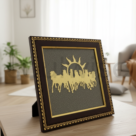 Seven Horses with Rising Sun Wall Frame on Natural Pyrite Base -Symbol of Success & Prosperity.