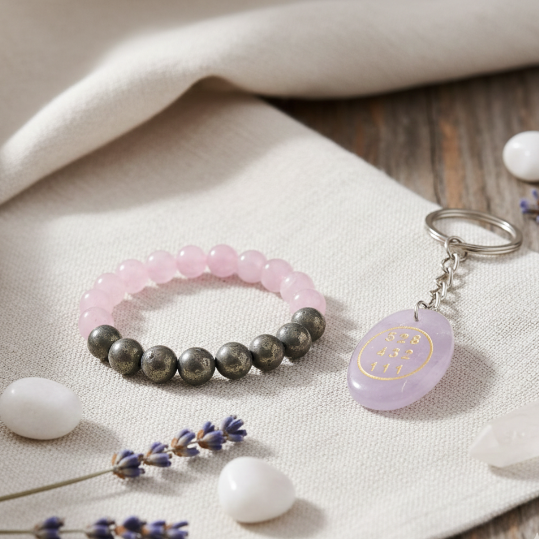 Soulwise Rose Quartz & Pyrite Healing Bracelet 10mm with Rose Quartz Angelic Keychain, Valentine's Gift Combo for Love, Positivity & Emotional Healing