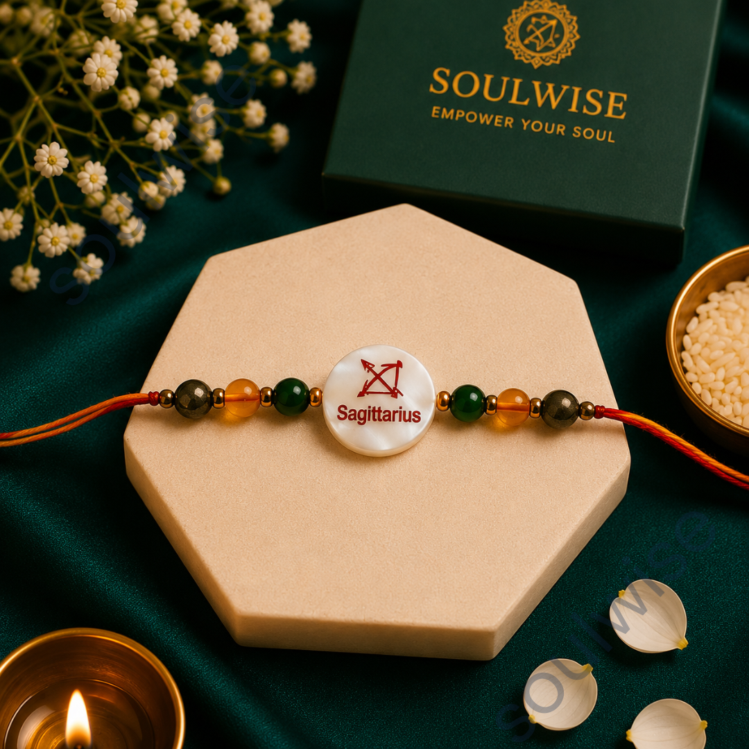 Money Magnet Sagittarius Rakhi – Green Jade, Citrine, Pyrite & Mother of Pearl Zodiac Rakhi for Prosperity, Wisdom & Positive Energy