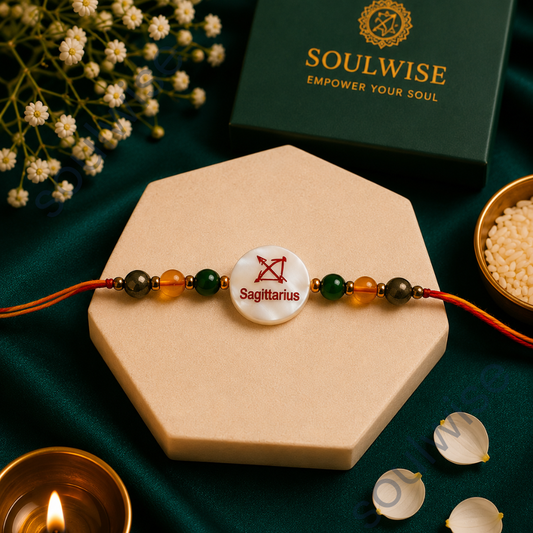 Money Magnet Sagittarius Rakhi – Green Jade, Citrine, Pyrite & Mother of Pearl Zodiac Rakhi for Prosperity, Wisdom & Positive Energy