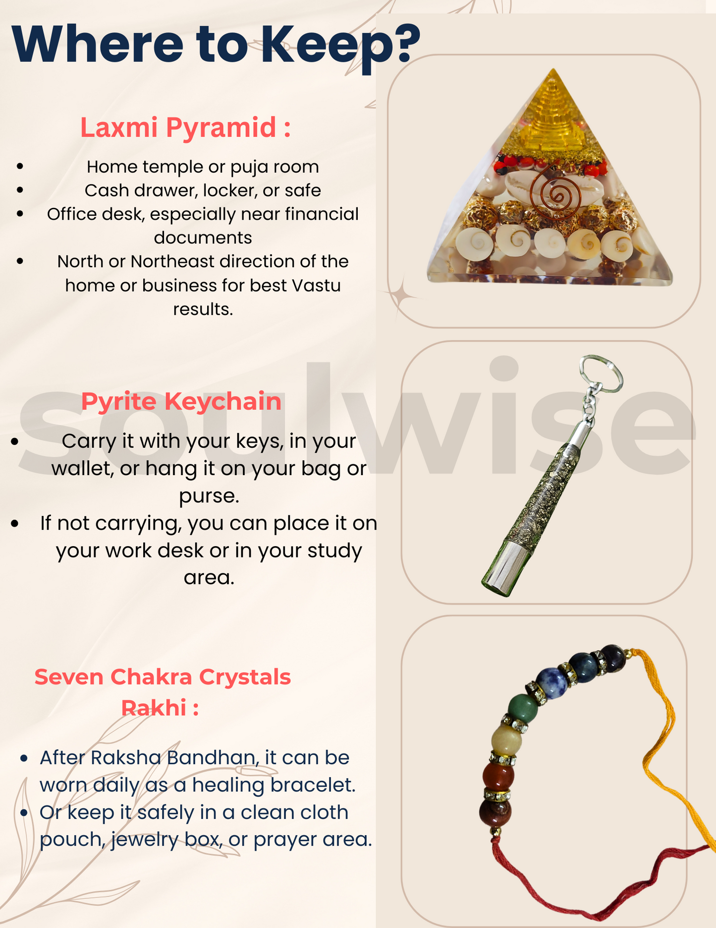 Rakhi Gift Combo for Brother – Pyrite Druzy Ethnic Pipe Keychain (5.5"), Designer 7 Chakra Rakhi, Laxmi Abundance Crystal Pyramid – for wealth, money and growth.