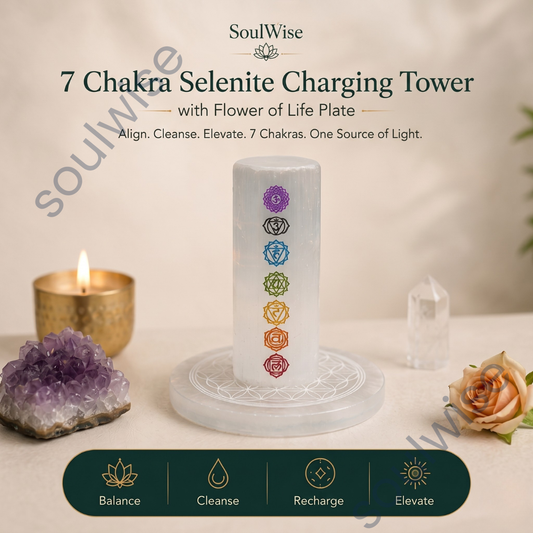 Seven Chakra Selenite Tower – Crystal Charging Wand for Chakra Balancing, Energy Cleansing, Reiki Healing & Charging Crystal Jewelry