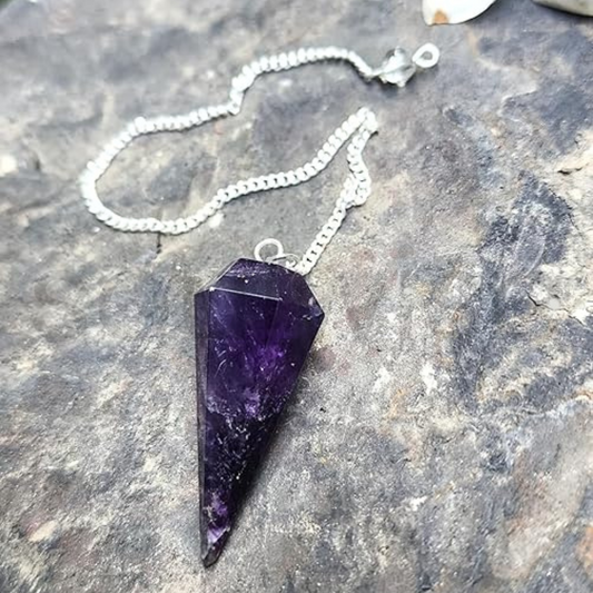 Amethyst Dowsing Pendulum – Natural 6-Facet Crystal for Reiki, Chakra Healing, Divination & Meditation – Includes Chain & Pouch