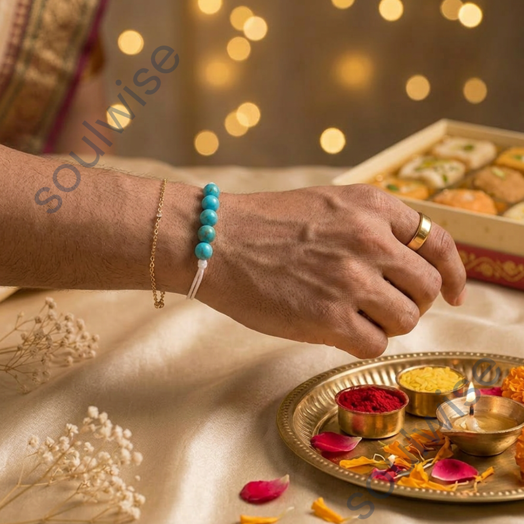 Turquoise 5 Beads Rakhi – Natural Crystal Rakhi for Protection, Communication, Positivity & Good Fortune