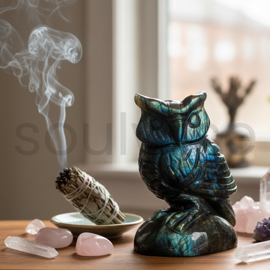 Labradorite Owl, Hand-Carved Crystal Figurine, Spiritual Decor, Meditation & Healing Stone.
