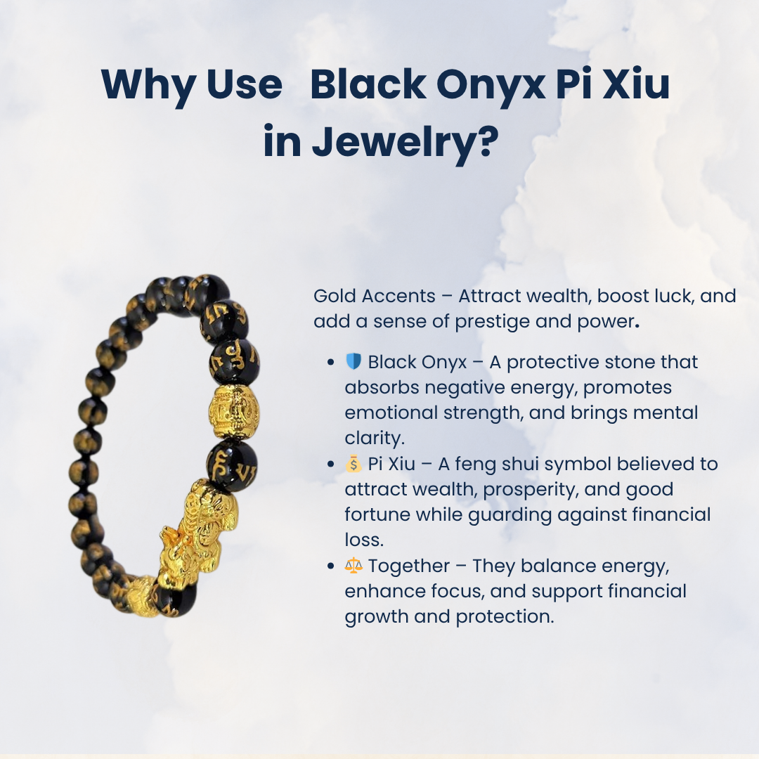 Natural Black Onyx Pi Xiu Beads Bracelet with Gold Accents for Protection, Aura Cleansing, and Abundance