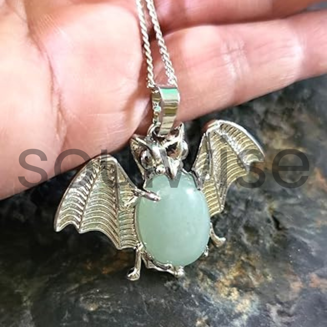 Green Aventurine Bat Symbol Pendant – Natural Crystal Necklace for Luck, Protection & Heart Chakra Energy – Unisex Spiritual Jewelry