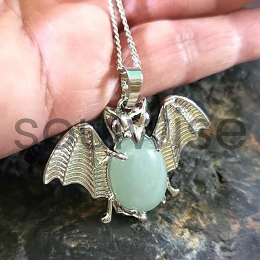Green Aventurine Bat Symbol Pendant – Natural Crystal Necklace for Luck, Protection & Heart Chakra Healing | Unisex Spiritual Jewelry