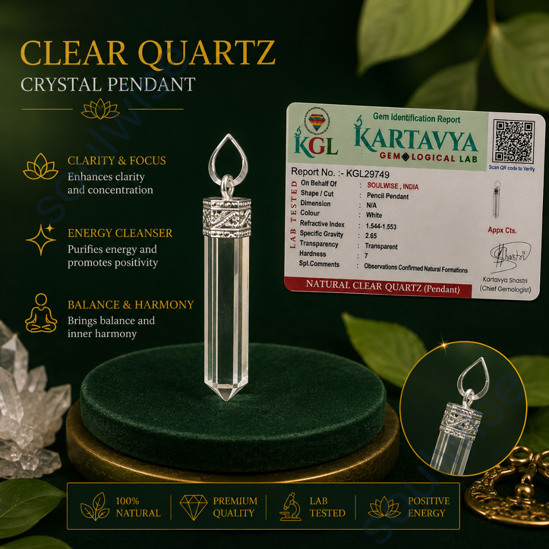 Clear Quartz Pencil Pendant – Natural Sphatik Crystal Necklace for Clarity, Positive Energy, Reiki & Chakra Balancing