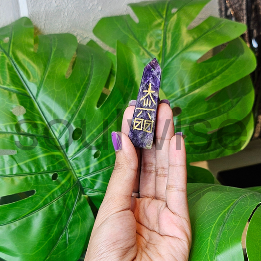 Amethyst Crystal Wand Tower with 4 Reiki Healing Symbols Engraved – Spiritual Energy Tool