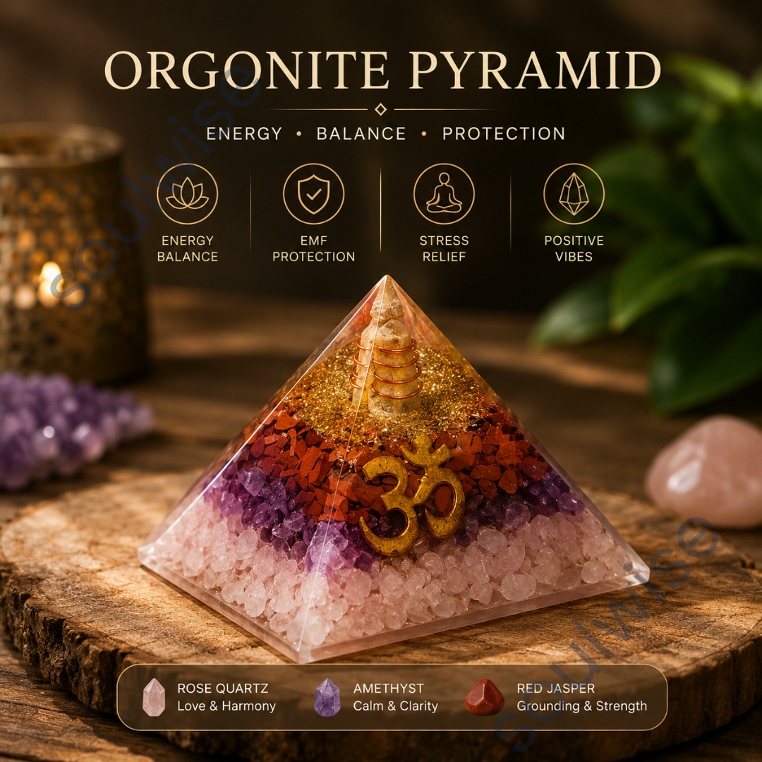 Rose Quartz, Amethyst & Red Jasper Orgonite Pyramid – Handmade Crystal Energy Pyramid for Harmony, Balance & Spiritual Décor