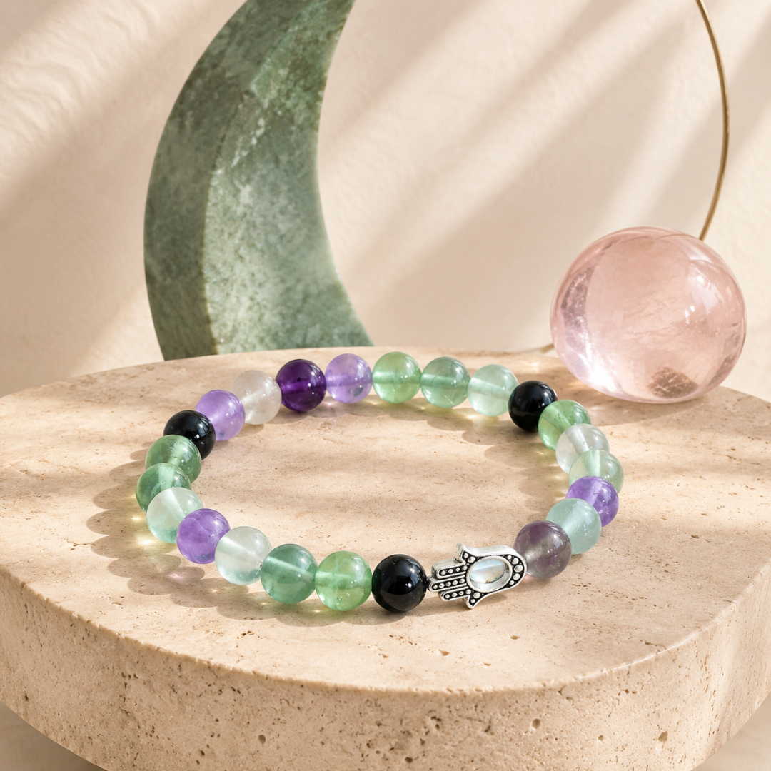 Aquarius Zodiac Crystal Bracelet with Hamsa Hand Charm – Certified Natural Multi-Stone 8mm Beads